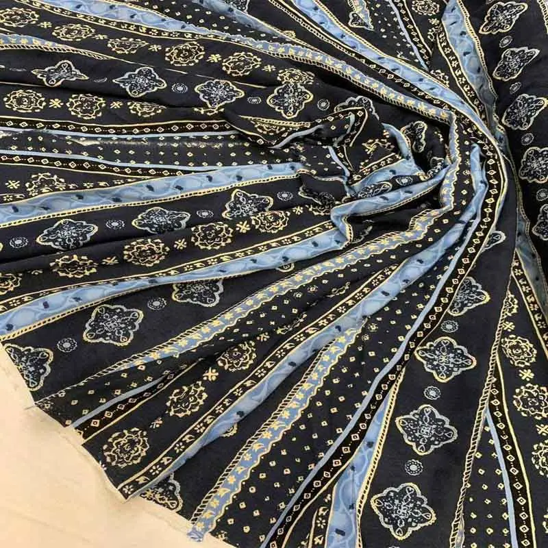 Navy And Baby Blue Floral Rayon Challis – Versatile For Curtains & Drapery 1