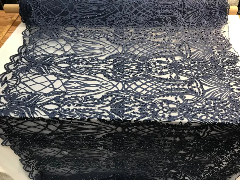 Navy Blue Beaded Lace Fabric – Artisan-Crafted Yardage For Special Occasion Apparel 1