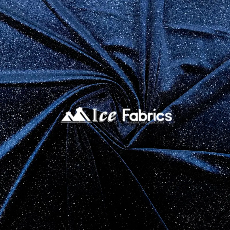 Navy Blue Glitter Stretch Velvet Fabric – Deep-Hue Velvetglow Spandex Material 1
