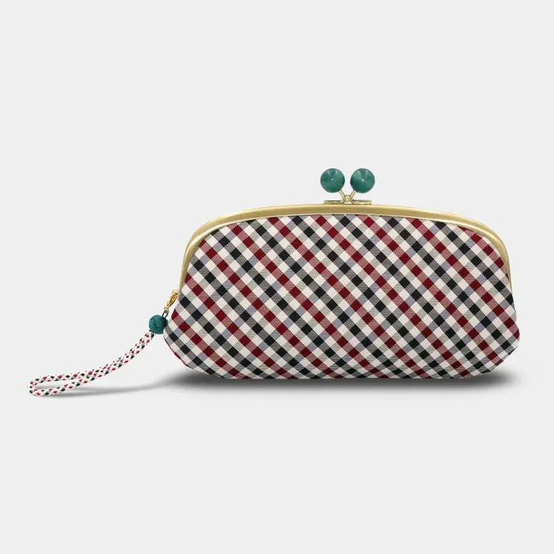 Navy Nishijin Silk Clasp Wallet Featuring Traditional Kyoto Kumihimo Gingham Strap 1