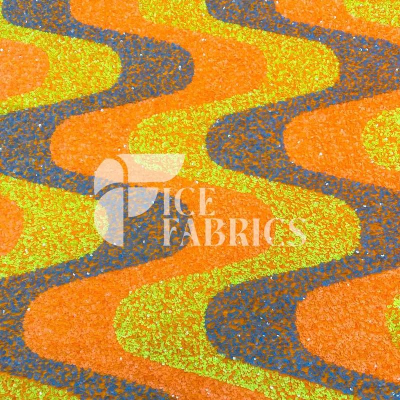 Neon Orange-Yellow Wavy Sequin Fabric On Orange Stretch Velvet 1