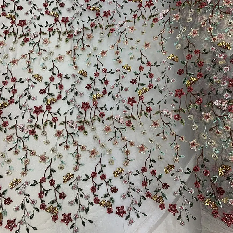 Nude Mesh Lace Featuring Handmade Red Floral Beading – Elegant Bridal Trim 1