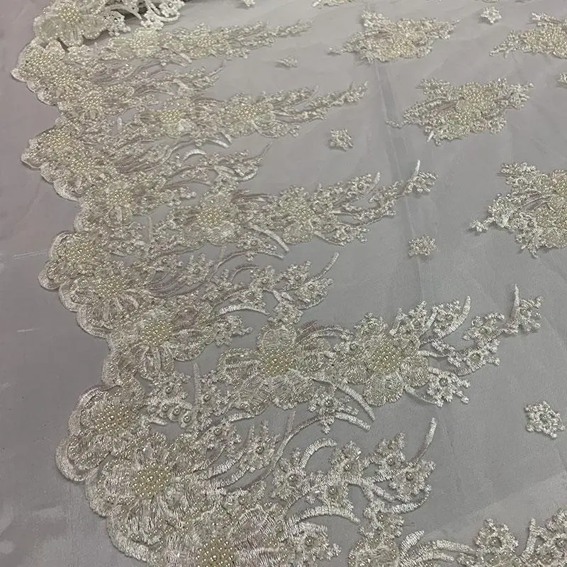 Off-White Beaded Floral Embroidered Bridal Lace Fabric 1