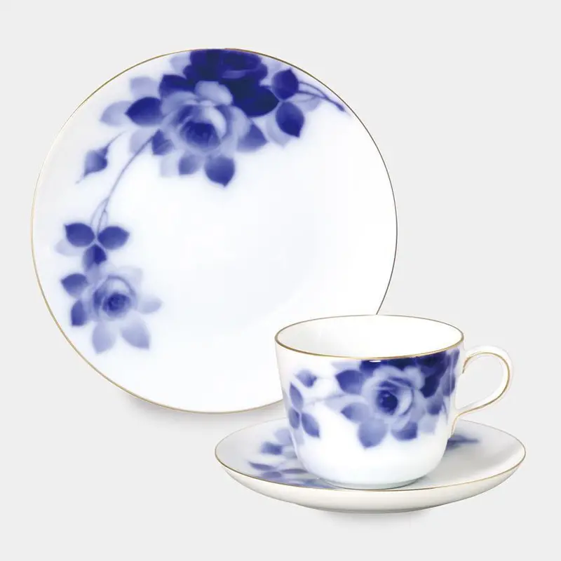 Okura Art China Blue Rose Cup, Saucer, And Dessert Plate – Coordinated Ceramic Table Setting 1
