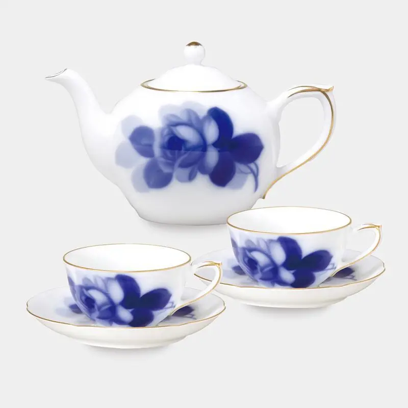 Okura Art China Blue Rose Tea Set: Cup & Saucer Pair With Teapot – Handcrafted Ceramic Tableware 1
