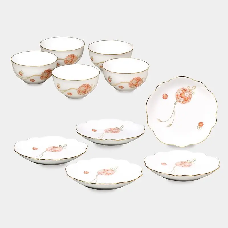 Okura Art China Flower Ball Japanese-Style Tea Cup And Floral Accent Plate Set (5 Pcs) – Elegant Ceramic Serveware 1