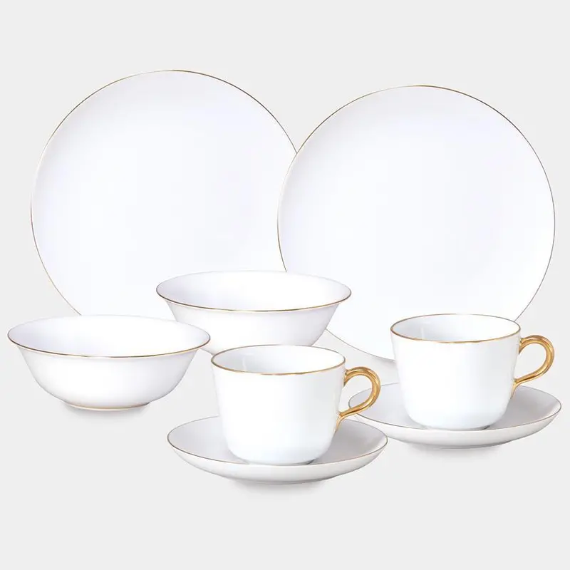 Okura Art China Gold Line Multi-Piece Set: Meat Plate, Bowl, Cup & Saucer (2 Pcs Each) – Versatile Ceramic Dinnerware 1