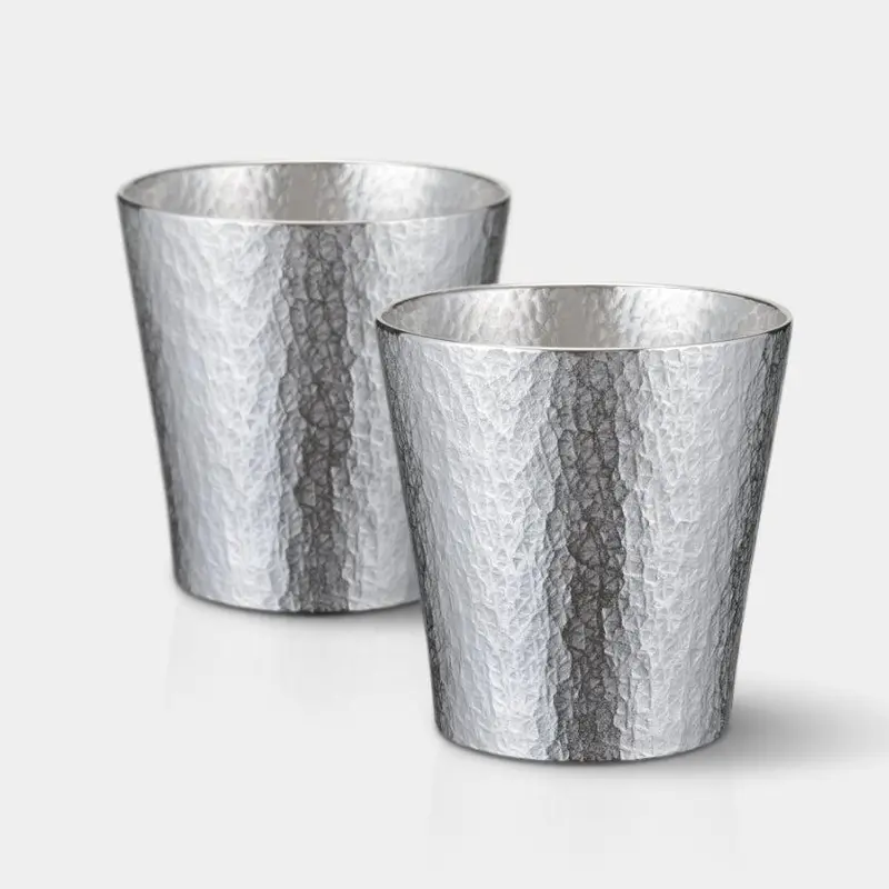 Old Rikka Sake Cup Pair – Vintage-Style Osaka Naniwa Pewter Set 1