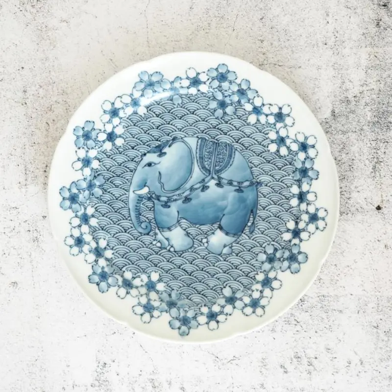 Oversized Mikawachi Ware Platter – Cherry Blossom, Seigaiha, And Elephant Design 1