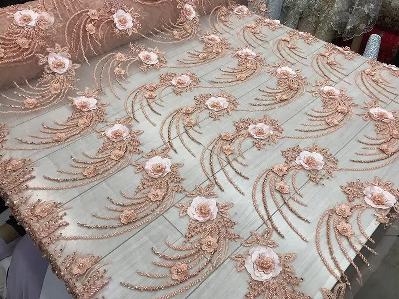 Peach-Toned Beaded Mesh Lace With Sequins For Bridal Fashion 1