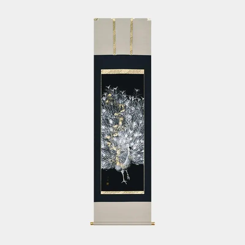 Peacock Hanging Scroll Art – Handcrafted Wall Hanging With 23K Gold Accents By Kaitakudo Art 1