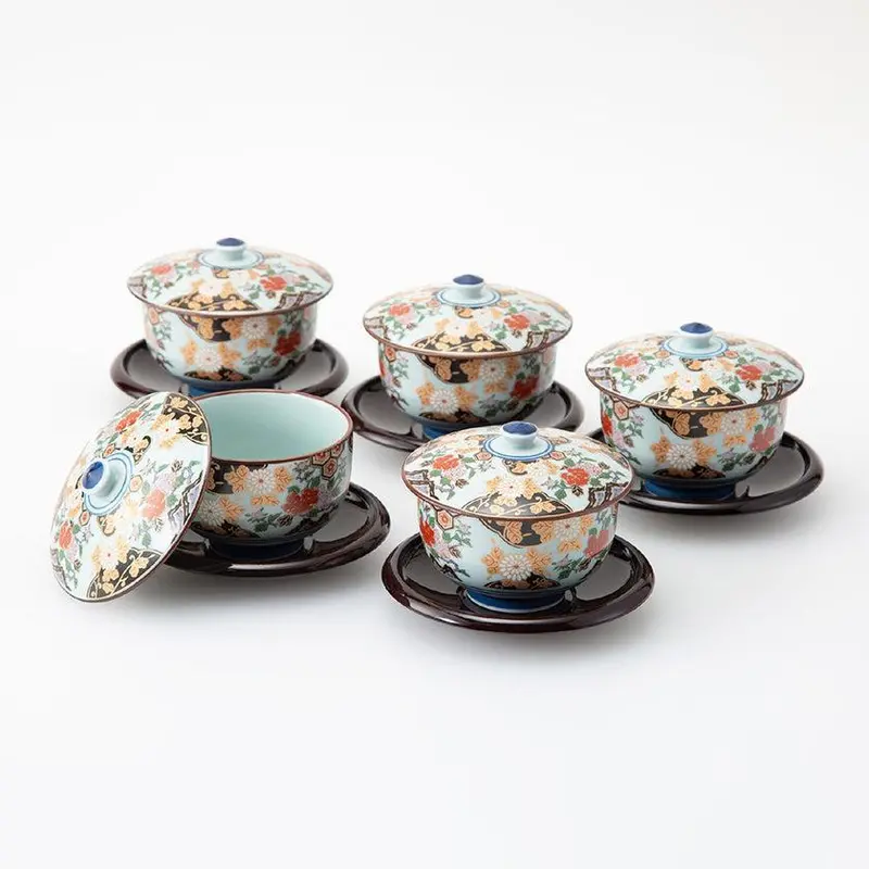 Peony (Moutan) Japanese Tea Cup Set – 5-Piece Saucer-Included Hasami Ware 1
