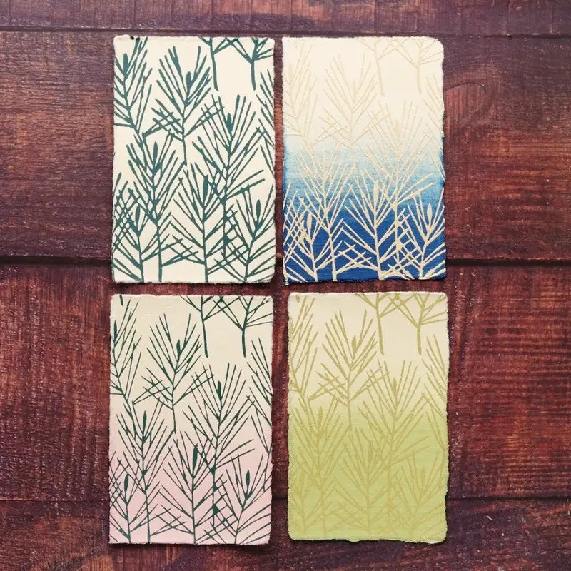 Pine Tree Design Postcard Set – Vibrant 4-Color Pack (White, Blue, Pink, Green) | Karagen X Karakami 1