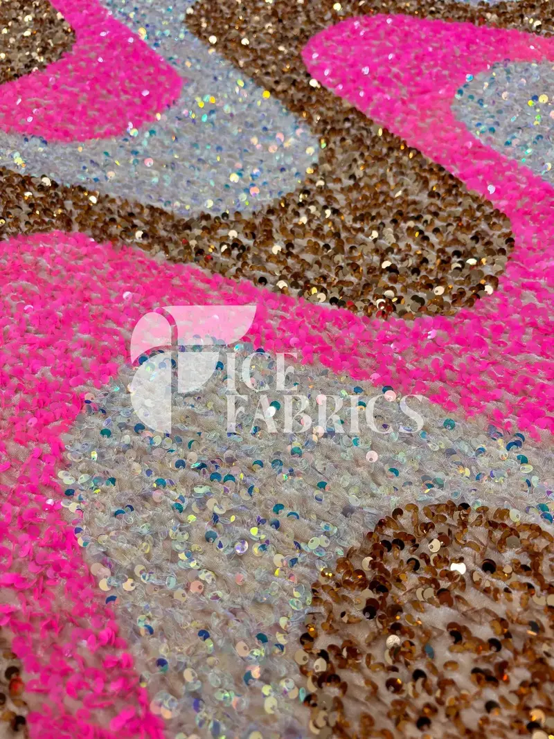 Pink-Gold-White Iridescent Wavy Sequin Fabric On Champagne Stretch Velvet 1
