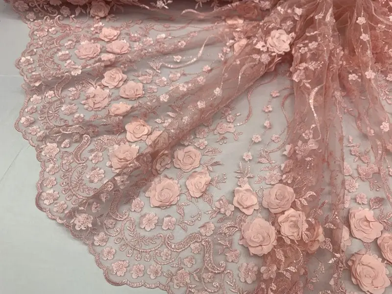 Pink Modern Embroidered Mesh Lace With 3D Floral Accents 1