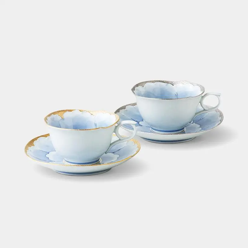 Platinum Moutan Coffee Cup Pair – Sophisticated Floral Detail, Hasami Ceramic 1