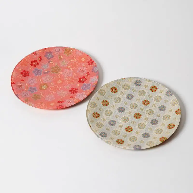 Plum & Chrysanthemum Round Plate Pair Set – Artisan Nishijin Textile Design By Emura Shoten 1