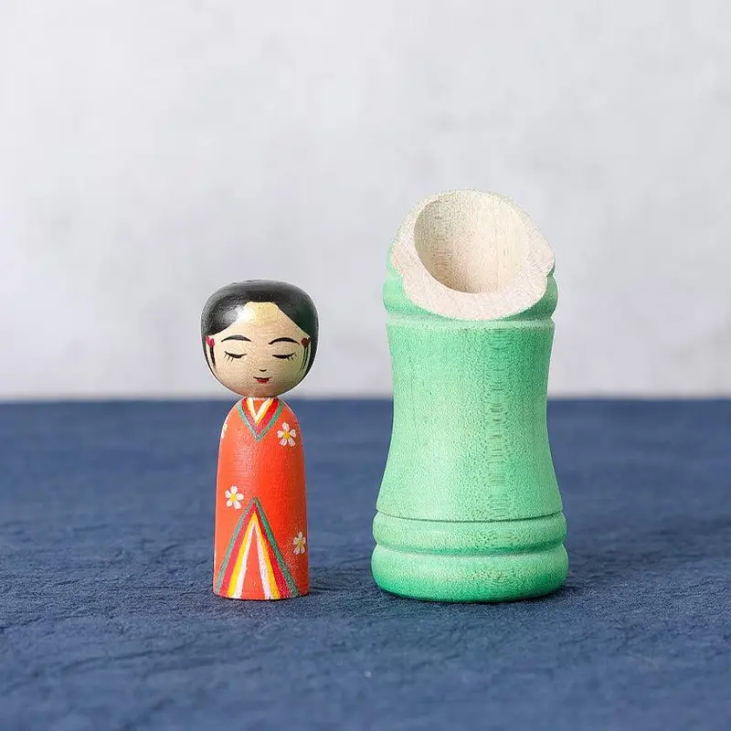 Princess Kaguya Kokeshi Doll Adorned With Green Bamboo Motifs | Tsuchiyu Traditional Wooden Doll By Akihiro Konno 1