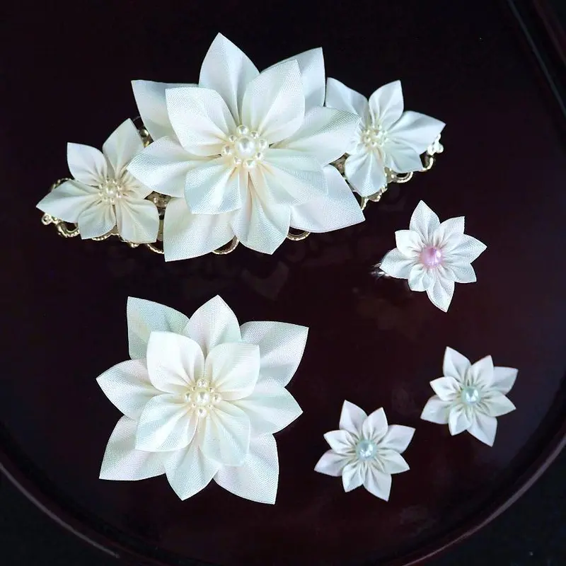 Pure White Tsumami Kanzashi Set: Barrette, Brooch, Earrings & Ring 1