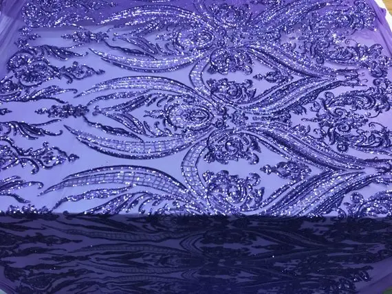 Purple Arabic-Motif Embroidered 4-Way Stretch Sequin Fabric Per Yard 1