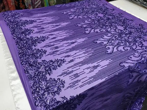 Purple Embroidered Stretch Sequin Fabric – Regal 4-Way Spandex Yardage For Bridal Wear 1
