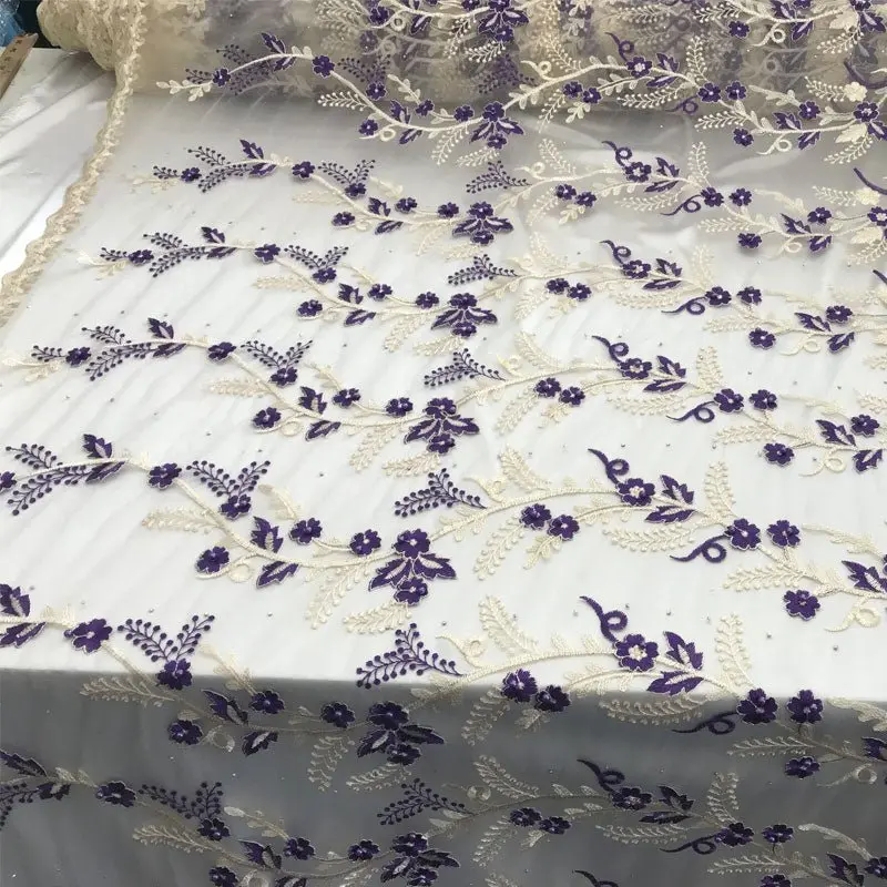 Purple Floral Mesh Lace Fabric With Bridal Embroidery 1