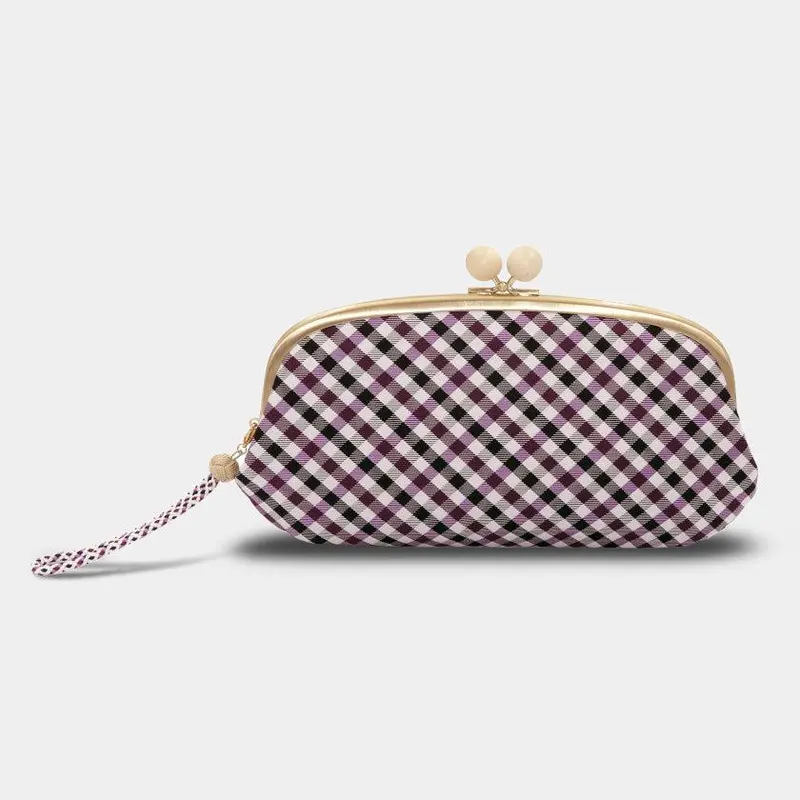 Purple Nishijin Silk Clasp Wallet With Kyoto Kumihimo Gingham Strap | Handwoven In Kyoto 1