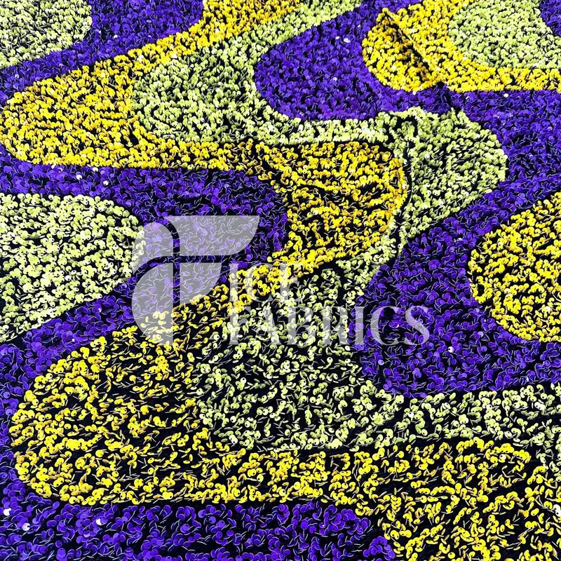 Purple-Yellow Wavy Sequin Fabric On Black Stretch Velvet 1