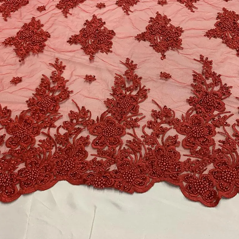 Red Beaded Floral Embroidered Bridal Lace Fabric 1