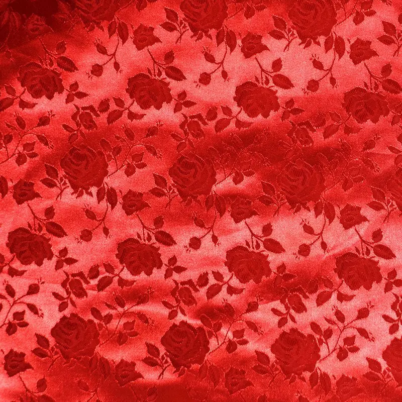 Red Floral Brocade Jacquard Satin Fabric 1
