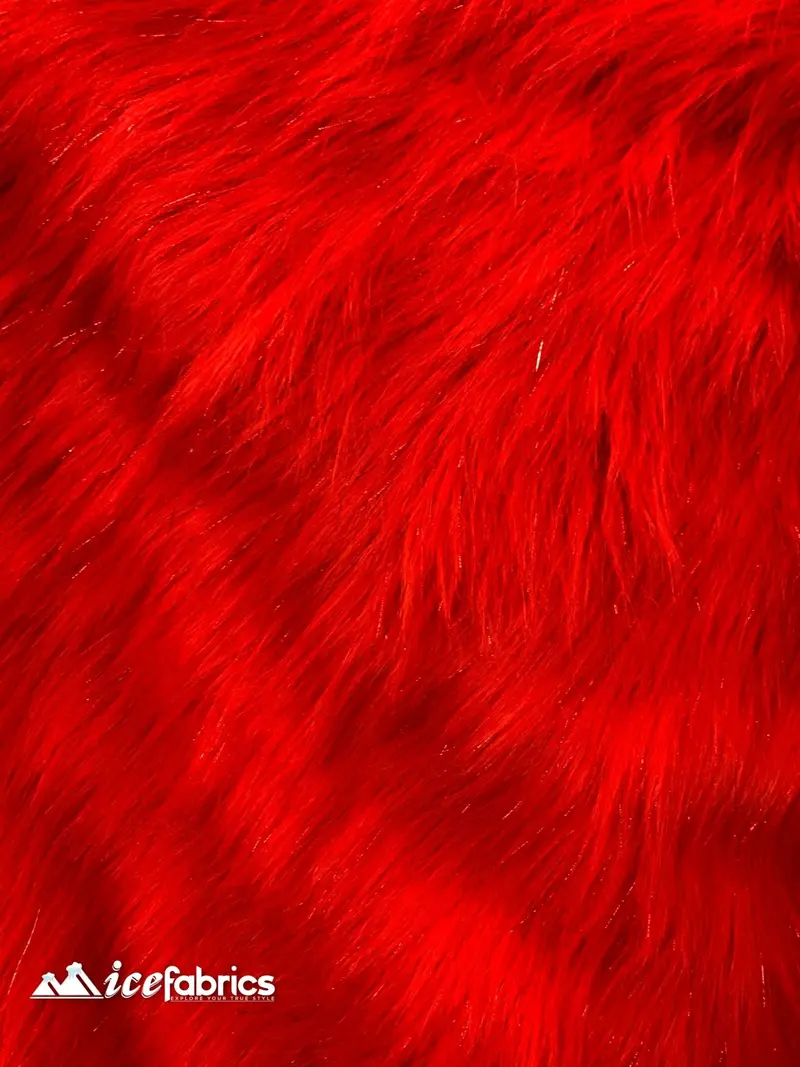 Red Glitter-Tinsel Long-Pile Mongolian Faux Fur Fabric – Fashion-Grade Yardage 1