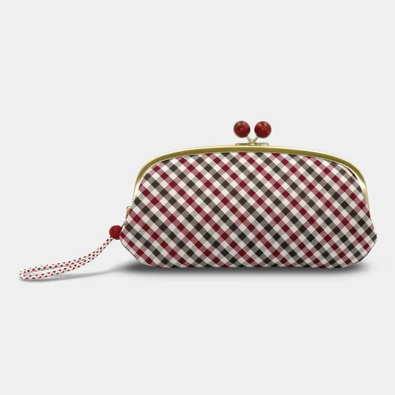 Red Nishijin Silk Clasp Wallet – Gingham Check Design With Kyoto Kumihimo Strap 1
