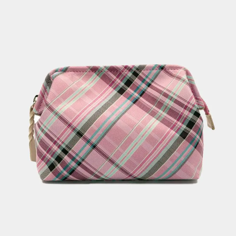 Rose Pink Water-Resistant Nishijin Silk Accessory Pouch – Multi-Check Zipper-Clasp Design 1