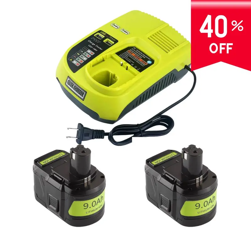 Ryobi 18V 9.0Ah Replacement Battery (2-Pack) – P108 Li-Ion + P117 Dual-Chemistry Intelliport Charger 1