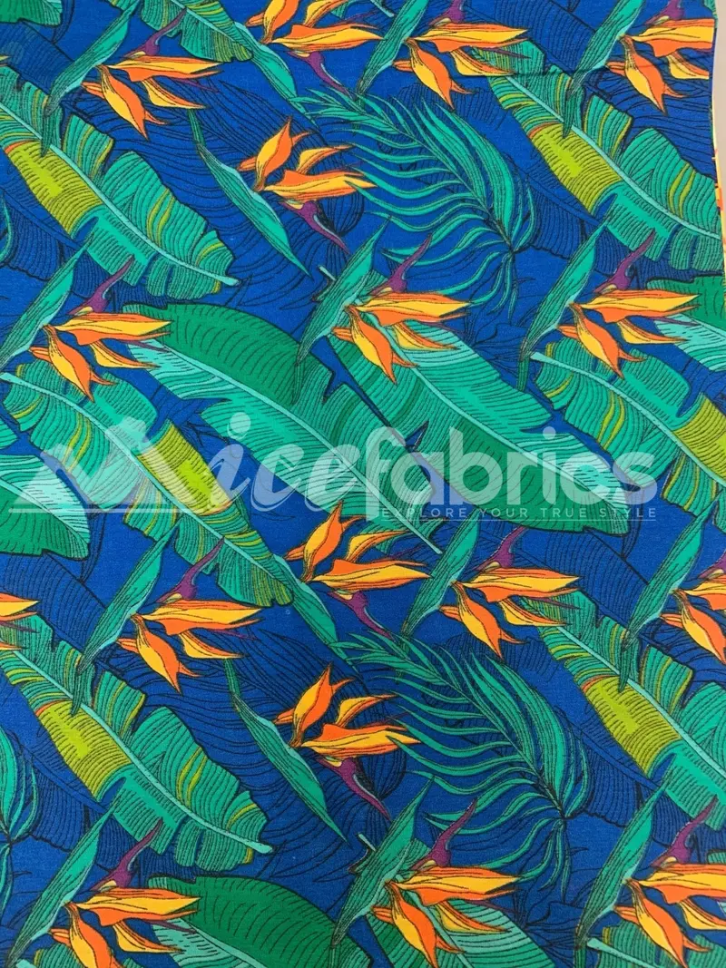 Sapphire Blue Botanical Leaf Pattern Polyester-Cotton Fabric Yardage 1