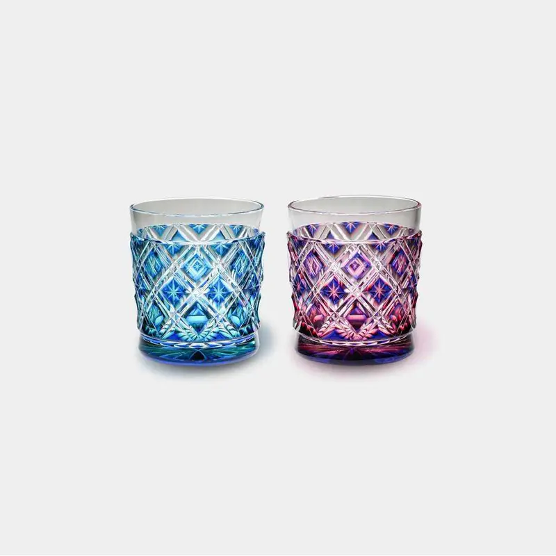 Satsuma Kiriko Glass Set – Lattice-Engraved Tokkuri & Ochoko In Green-Lapis, Gold-Red, And Lapis Lazuli 1