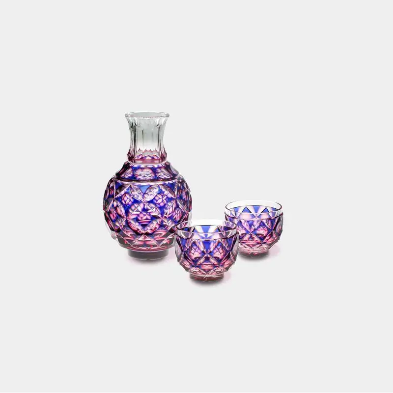 Satsuma Kiriko Sake Set – Tokkuri & Ochoko In Gold-Red And Lapis Lazuli, Paulownia Box Included 1