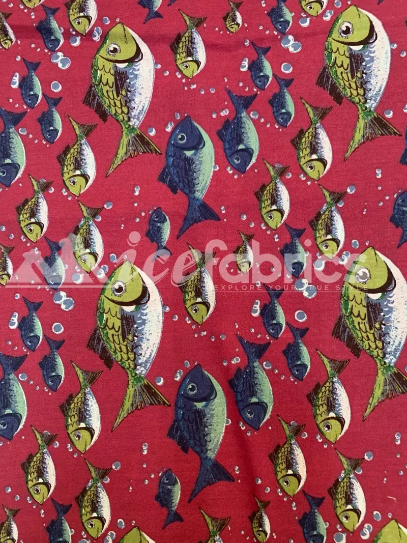 Scarlet Red Fish Pattern Polyester-Cotton Fabric By The Yard 1