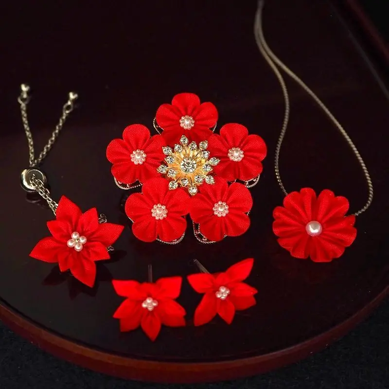 Scarlet Tsumami Kanzashi Quartet: Brooches, Chain Bracelets, Earrings & Pendants 1