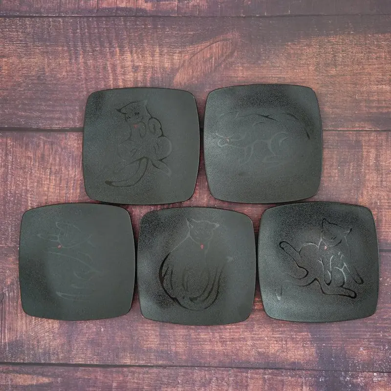 Set Of 5 Cat-Themed Tsugaru-Nuri Small Plates | Yasuharu Masukawa Design 1