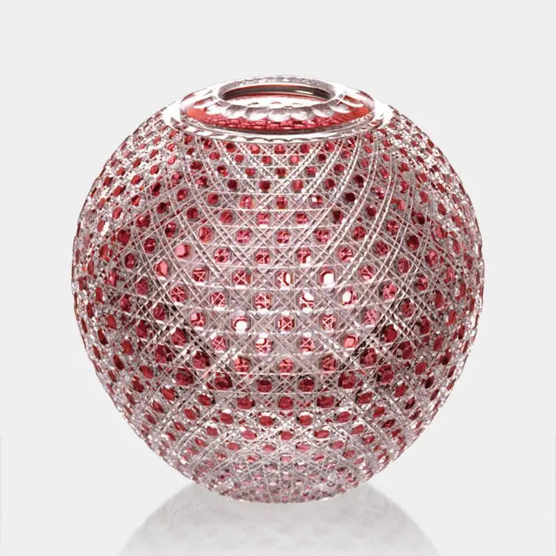 Shine Red Octagonal Basket-Weave Round Vase – Hand-Cut Kagami Crystal 1