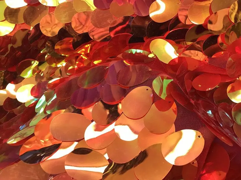 Shiny Oval Teardrop Sequin Mermaid Fabric In Orange-Pink Blend 1