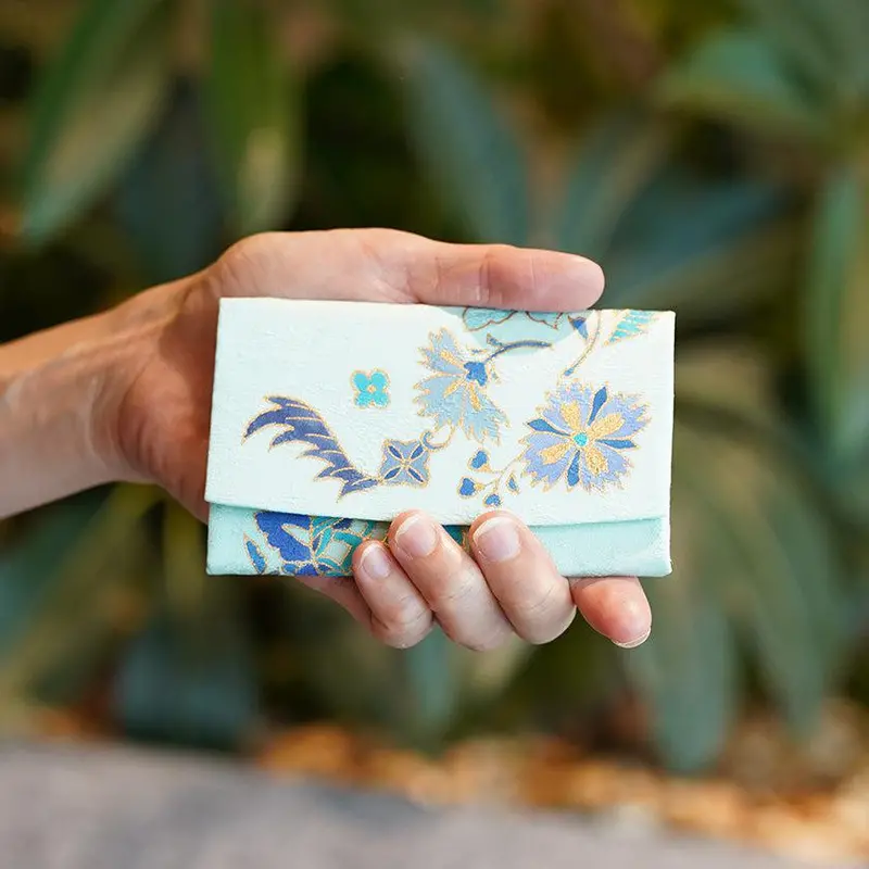 Silk Obi Card Case – Sarasa Blue Pattern, Kyoto Yuzen Crafted 1