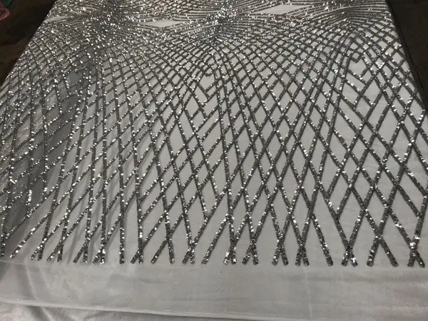 Silver Luxury Embroidered 4-Way Stretch Sequin Fabric By The Yard 1