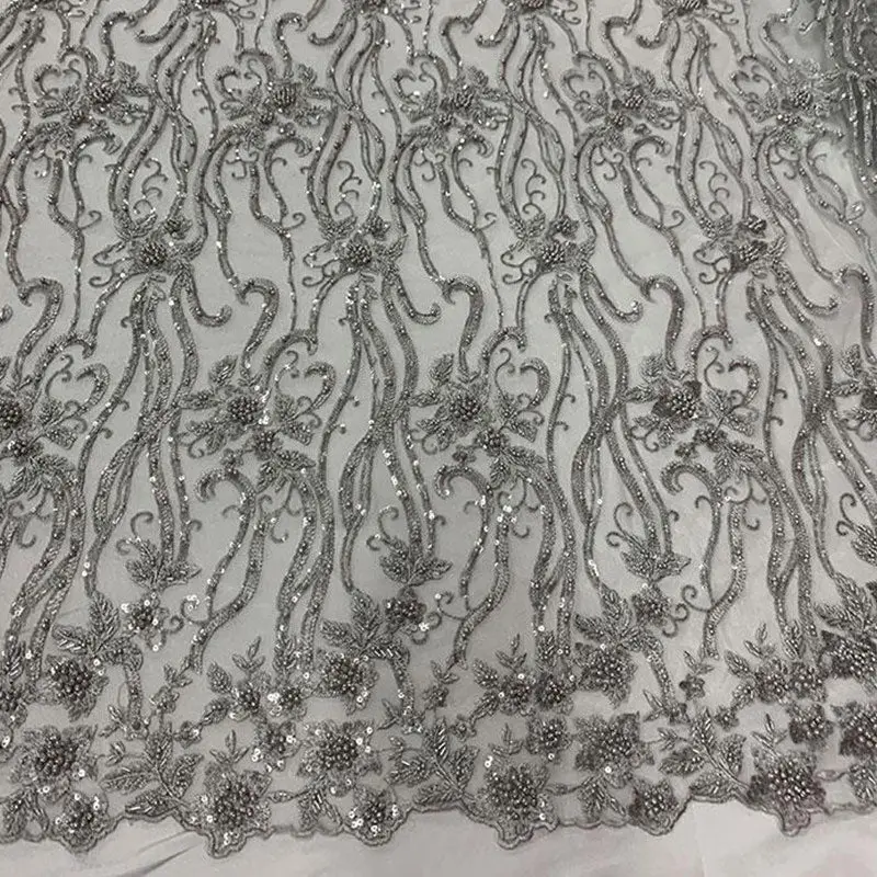 Silver Metallic Beaded Embroidered Fashion Fabric 1