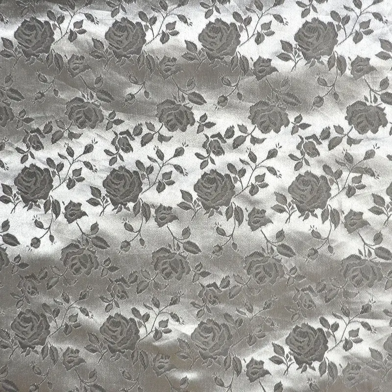 Silver Metallic Floral Brocade Jacquard Satin Fabric 1
