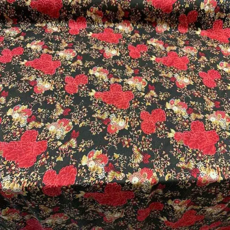 Soft Organic Rayon Challis – Red Floral Print On Brown Ground, Flowy Drape 1