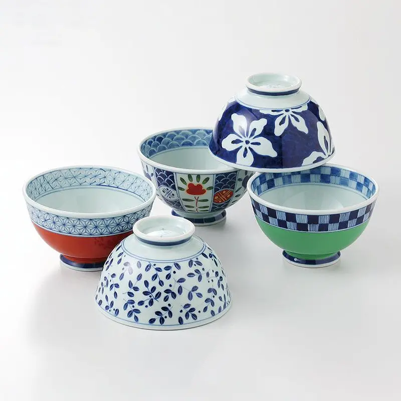Somenishiki Illustrated Rice Bowl Set – 5-Piece Hasami Porcelain Collection By Saikai Toki 1