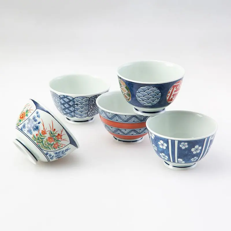Somenishiki Pattern Soba Bowl Set (5 Pcs) – Traditional Hasami Ceramics By Saikai Toki 1