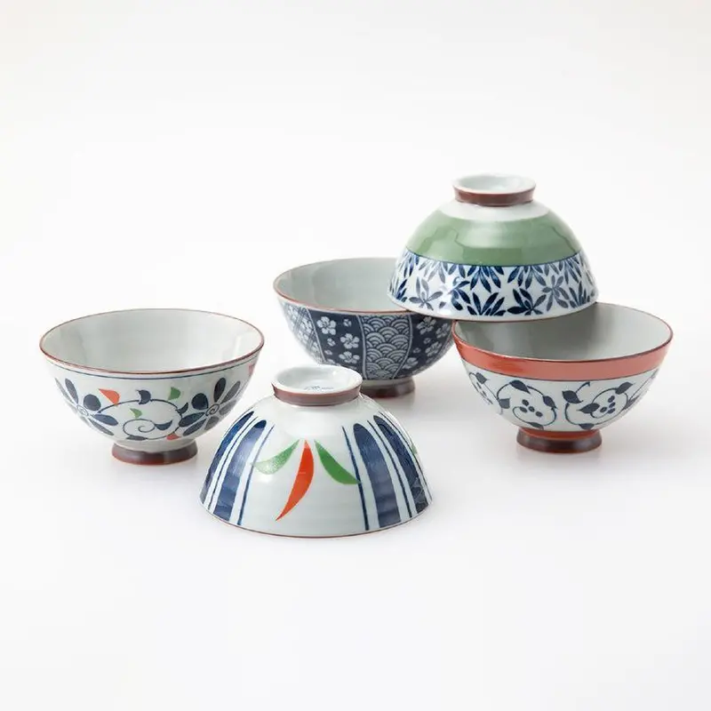 Somenishiki Rice Bowl Set – Five-Piece Hasami Porcelain Collection 1